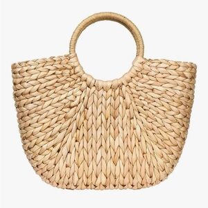 Woven Round-Handle Straw Tote Bag in Natural
